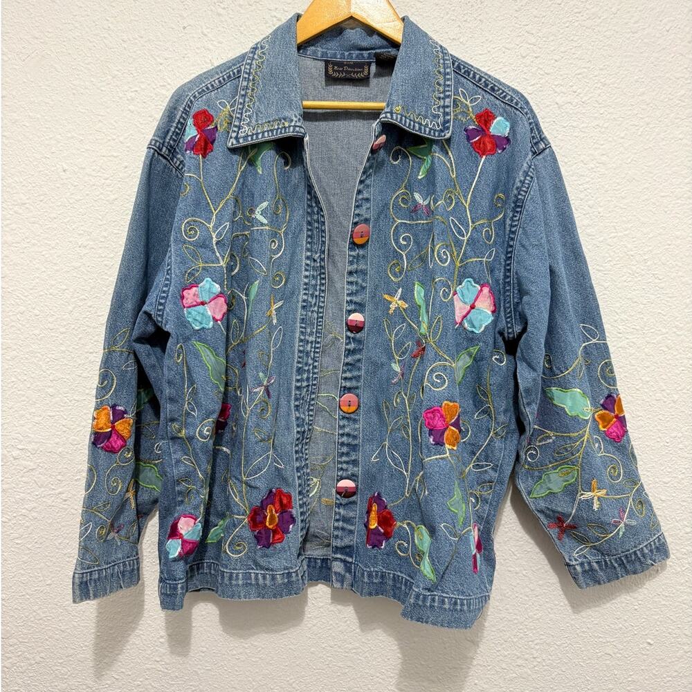 Vintage Embroidered Denim Jacket Floral 90s Kidcore Boho Fairy Cottage